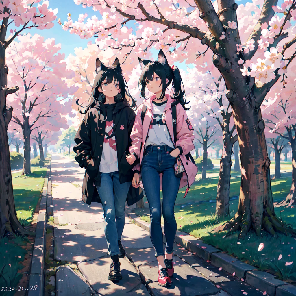 A 15-year-old girl with black cat ears and black hair, walking through a beautiful park filled with cherry blossom trees. She is wearing casual clothes: blue jeans, all-star shoes, and a white jacket with a crucifix design on the back. She has a thoughtful expression. Her right eye is dark blue, and her left eye is dark green. She has a strand of hair falling over the right side of her face, but it doesn't completely cover her right eye. The style should resemble anime art with vibrant and detailed colors, emphasizing her emotions. The scene is bathed in soft pinks and light, creating a serene and peaceful atmosphere as she walks among the blooming cherry blossoms.
