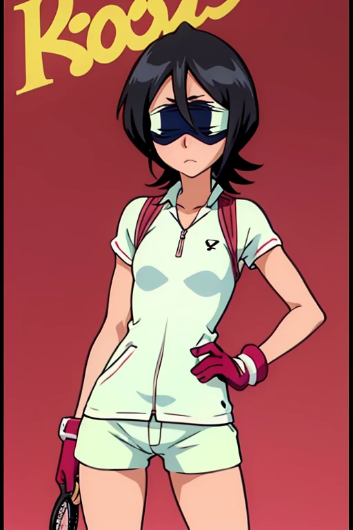 tennis girl in booty shorts, wearing oven mittens tucked in pockets, blindfold