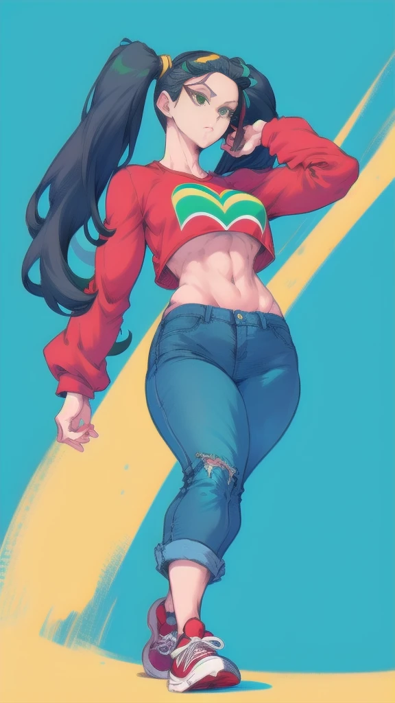 Full body image of Juniper Lee from The Life and Times of Juniper Lee, full body in image, wearing her original outfit (green crop top, blue jeans, and red sneakers), long black hair in pigtails, female body, slender and athletic body, dynamic pose, detailed pose, simple background, expressive face showing determination, focus on face, line art, sketch