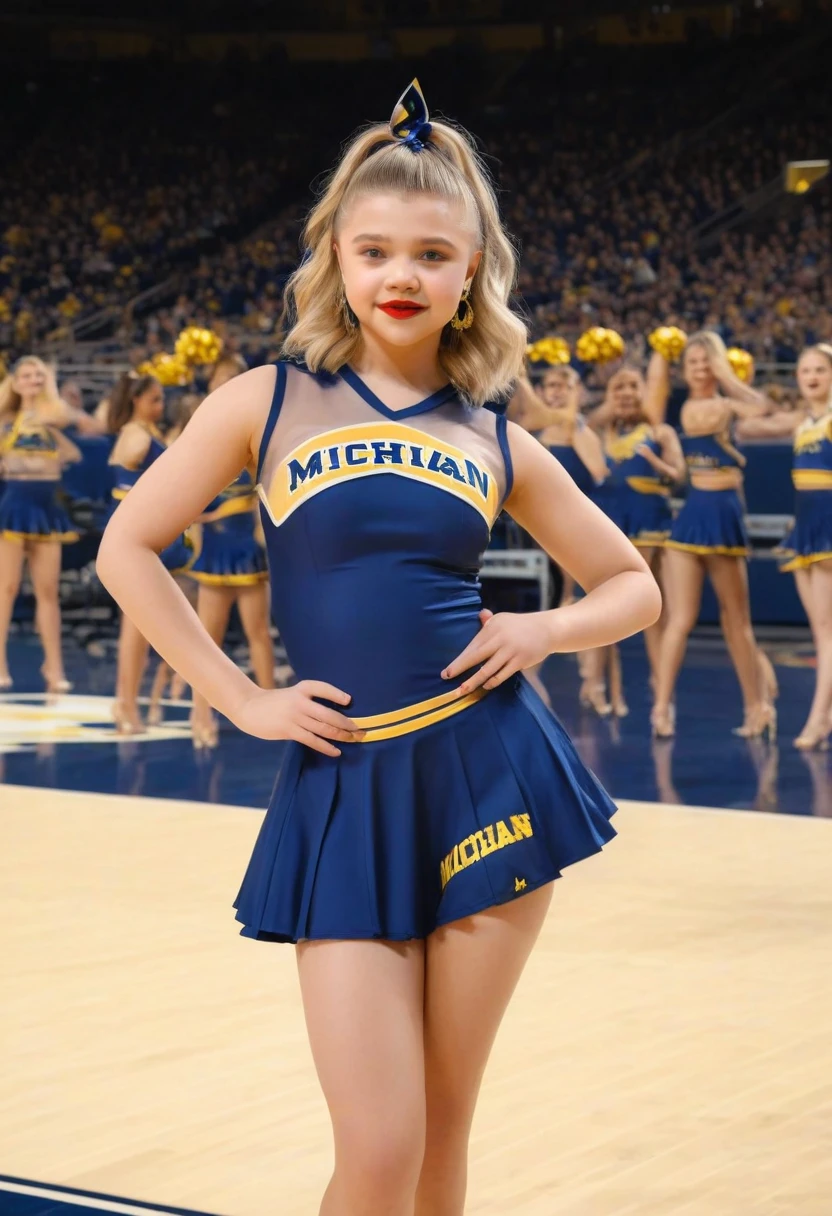 1girl, McKenna Grace, full length portrait, 9:16 aspect ratio wide angle lens, University of Michigan cheerleader uniform by Under Armor, sheer shiny shimmering silky tan pantyhose by L'eggs, 5 inch maize high heeled pumps by Louis Vuitton, holding pompoms, cheering at Michigan Stadium, beautiful detailed eyes, beautiful detailed lips, extremely detailed face and eyes, long eyelashes, night time, red lipstick, hair in ponytail, (best quality,4k,8k,highres,masterpiece:1.2),ultra-detailed,(realistic,photorealistic,photo-realistic:1.37),HDR,UHD,studio lighting,ultra-fine painting,sharp focus,physically-based rendering,extreme detail description,professional,vivid colors,bokeh,portraits