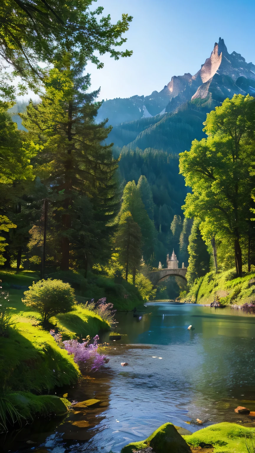 An enchanted forest near a town with castles, mountains and dragons