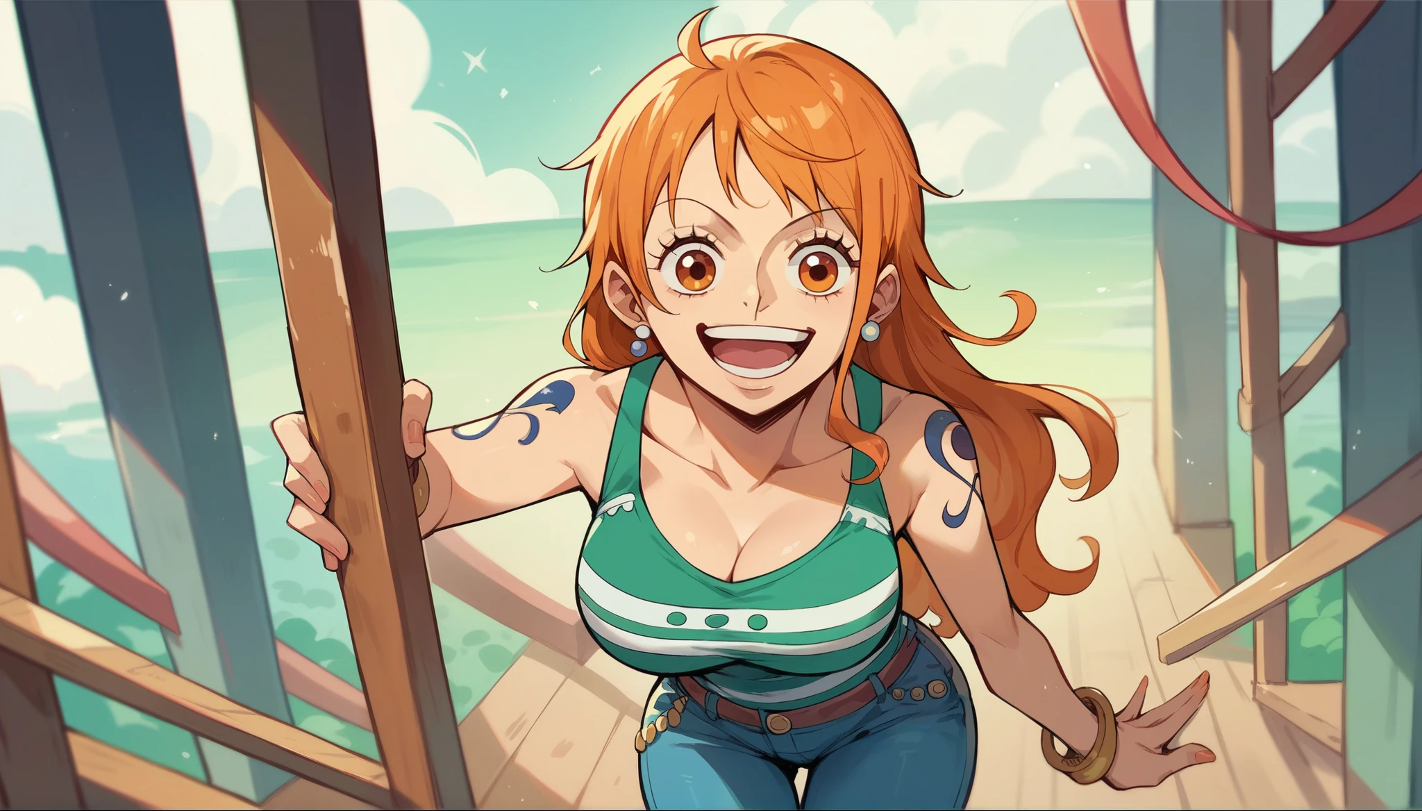 Nami one piece, happy face,(orange eyes),(jeans)