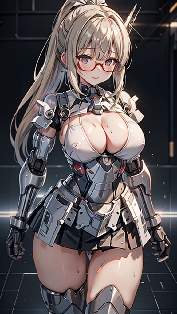 Gray translucent armor，Arm mecha，blonde short hair，Long ponytail hairstyle，Large Breasts，Cleavage，Pistol hanging from waist，fighter pilot，fighter hangar，Sexy，Lipstick，miss，Golden Eyes，stockings，Short skirt，Smile，red glasses