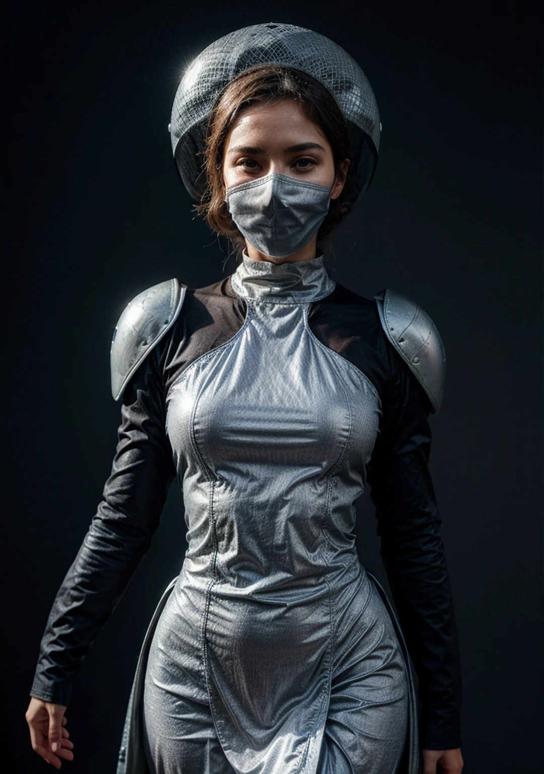 Sexual. A model wearing an avant-garde dress with a futuristic helmet, standing in front of a dark grey background. The outfit is made from gray fabric and features unique shapes that resemble water droplets or spheres. It has wide sleeves with metallic details and slits on the side for relaxed movement. A long skirt trail adds to its elegance. Her head framed by two large curved shoulder pads creates depth against her simple face mask. Shot with a Canon EOS R5 camera using a macro lens in the style of futuristic fashion. --ar 2:3 --s 250. Sexual.
