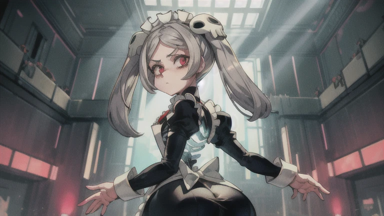 1boy, femboy, solo, indoors, whole body, skg_marie, maid, maid apron, maid headdress, twin tails, skull hair ornament, red brooch, juliet sleeves, light rays, glow, (masterpiece), curvy body, thick thighs, thick ass, angry expression, pov