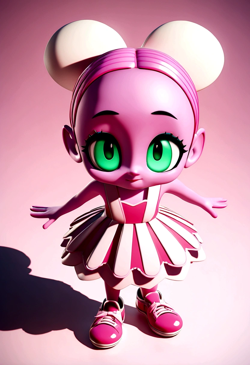 Disney Pixar style love emotion character with green eyes, pink hair, pink aesthetic dress, pink sports shoes and pink skin that has many shadow details in 3D format. And finally, very good quality.