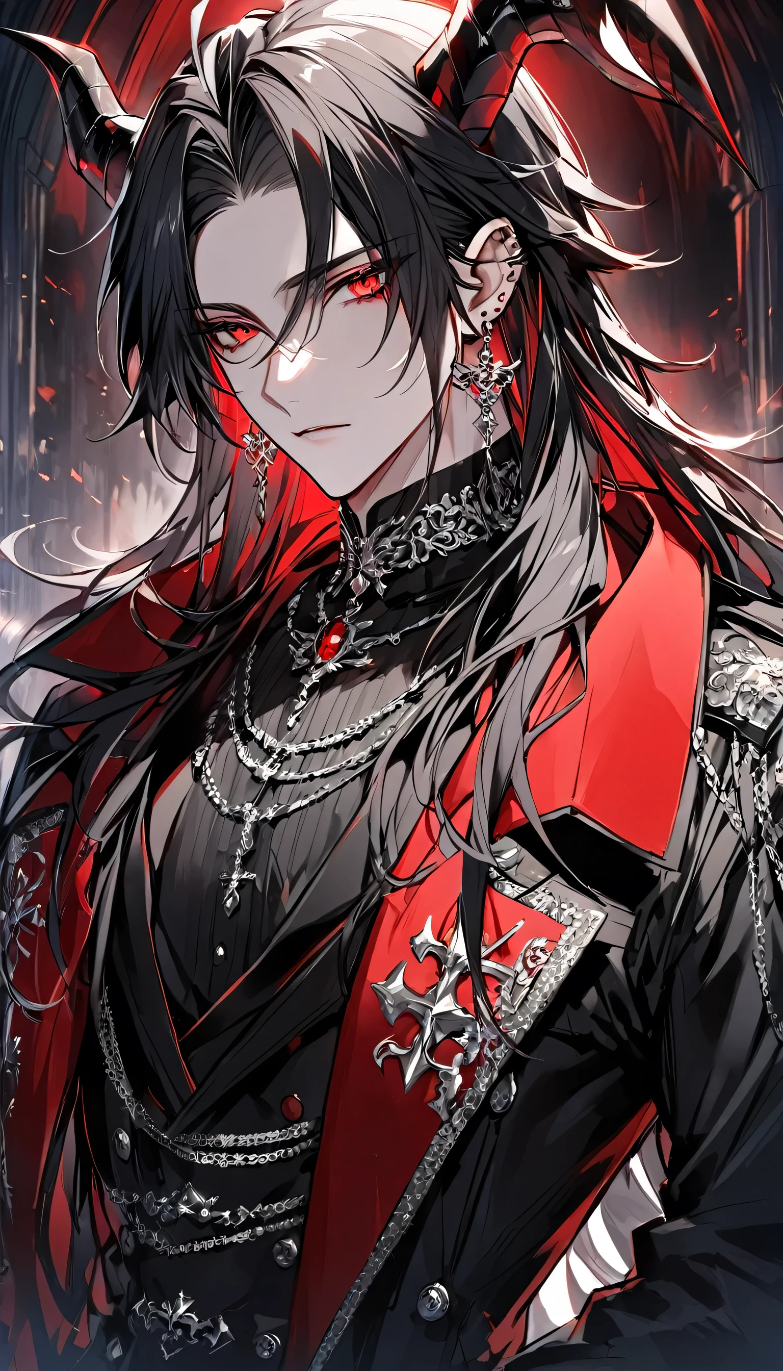 alone, good looking, 1 male, Long hair, Middle parted hair, Black hair, Red eyes, Black shirt, White Thailand, Black Trench Coat, Royal Silver Jewellery, Royal Demon Earrings, Black horns, Front Facing, Vtuber Front Facing Camera