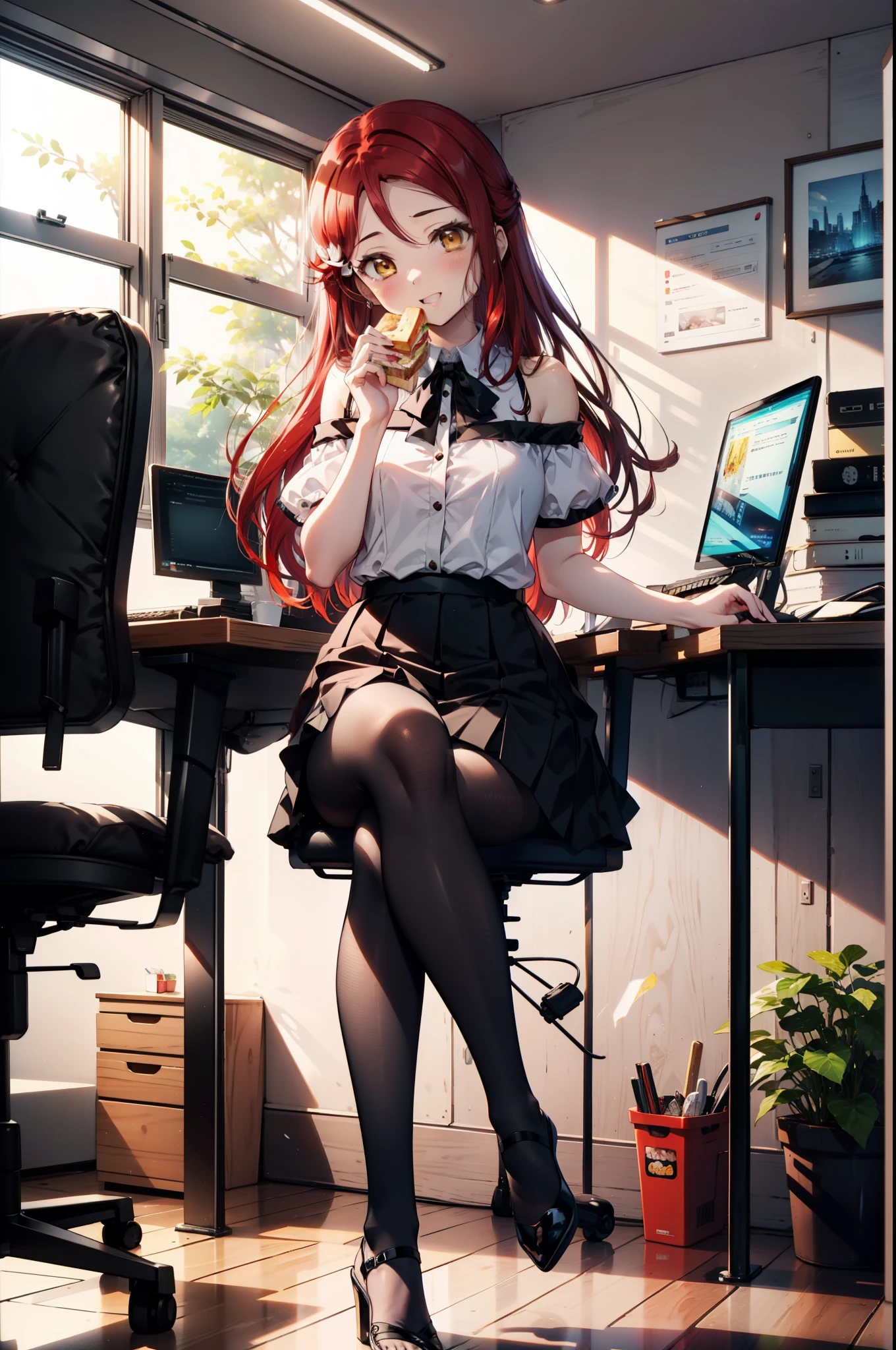 rikosakurauchi, Riko Sakurauchi, (Brown eyes:1.5), Hair between the eyes, Long Hair, (Redhead:1.5), (Small breasts:1.2), smile,blush,Open your mouth,Cold Shoulder Shirt,Short sleeve,Long skirt,Black pantyhose,Stiletto heels,Sitting in a chair,is holding a sandwich with both hands and eating it,There is a computer and a sandwich on the table.,interior,So that the whole body goes into the illustration,
break looking at viewer, 全身
break outdoors, office,
break (masterpiece:1.2), Highest quality, High resolution, unity 8k wallpaper, (figure:0.8), (Beautiful attention to detail:1.6), Highly detailed face, Perfect lighting, Highly detailed CG, (Perfect hands, Perfect Anatomy),