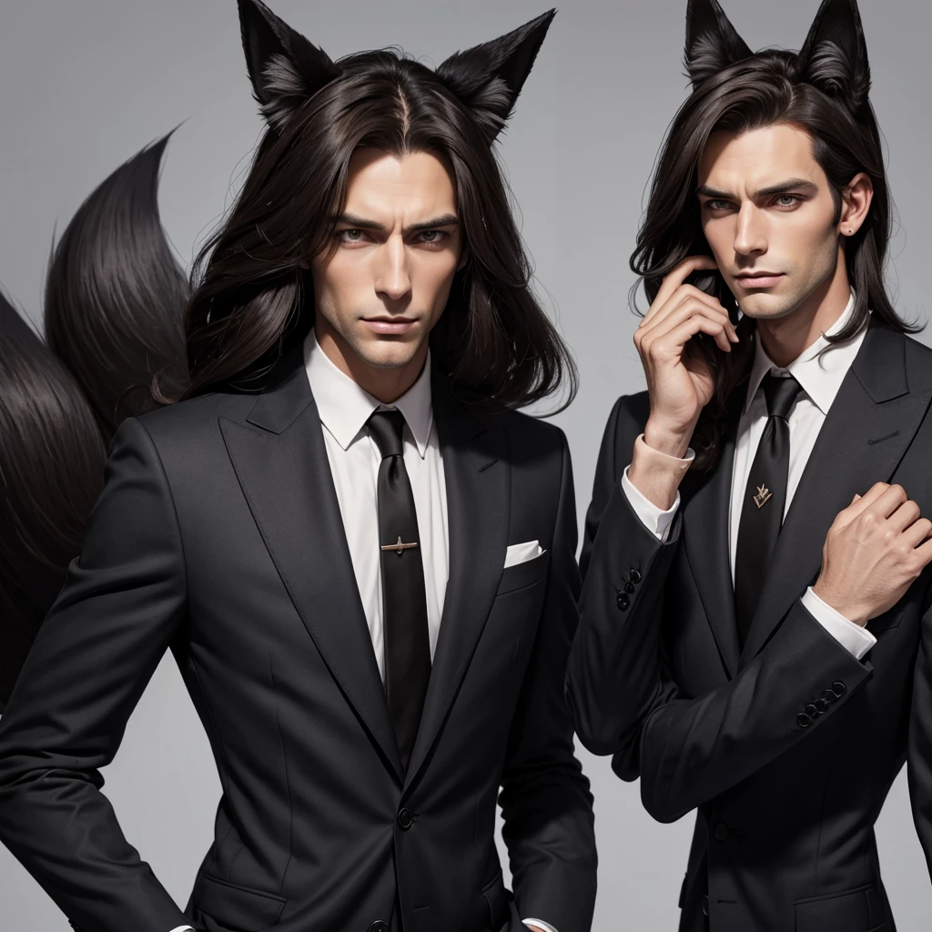 A tall brunette man in a classic suit with black fox ears looks forward in horror and clutches his hair