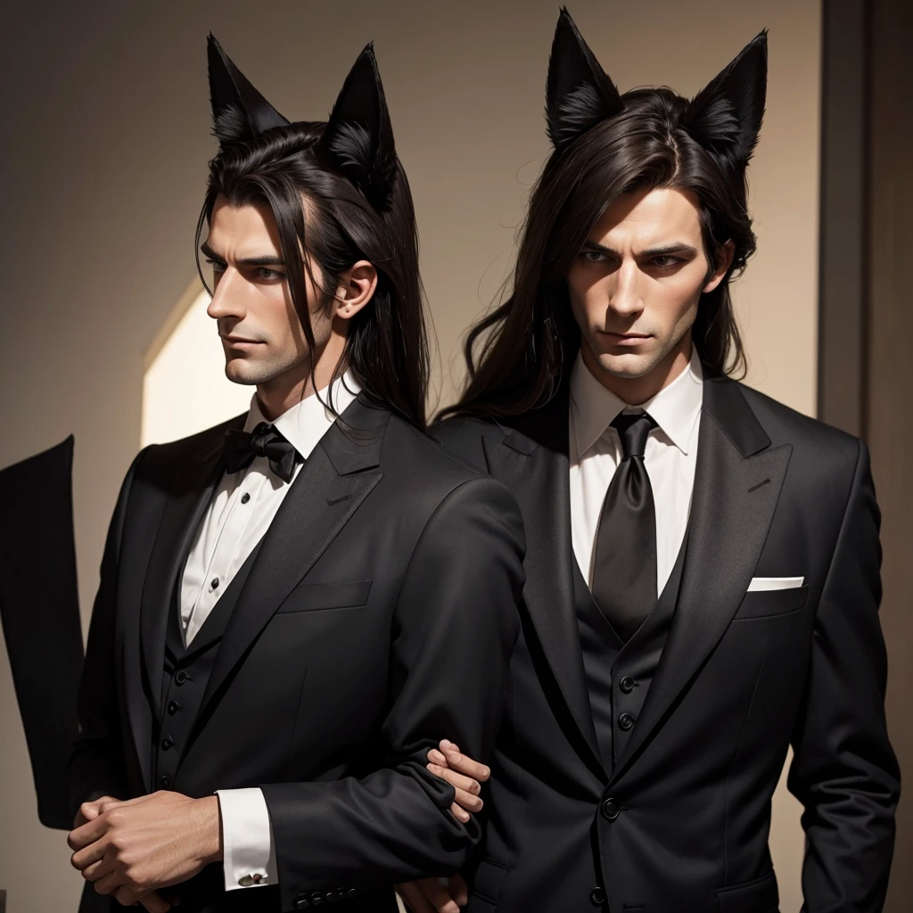 A tall brunette man in a classic suit with black fox ears looks forward in horror and clutches his hair