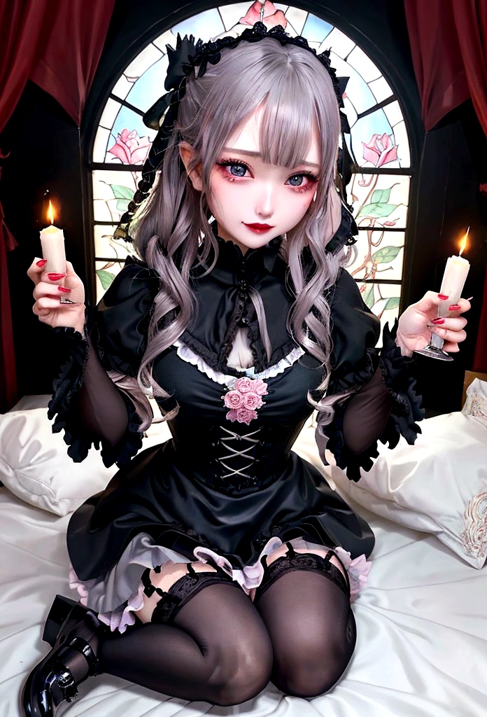 Hard Dark Gothic Makeup、Black dark eyeshadow、sad、Good skin radiance、Dark Gothicメイク、Dark smile、palace、The beauty of fragrance、24-years-old、Expression of intense sexual pleasure、Embarrassed look、Dark Gothic、Highest quality、Expression of sexual pleasure amid suffering、Drunk face、紫のMaid clotheysterious、Noble、sexy、Loving smile、Twin tail hair、Right blue eye, Left eye is red、Super tempting pose、Platform Heel Shoes、Heavy makeup、Gothic ta clothes、Silver Hair、Long Hair Straight Hair、Cute Gothic Loliress、Beautiful Face、elegant features、Attractive face、Stained glass is the background、Chest glistening with sweat、The room is dark、goth long dress、Bell Sleeves、Wizard Sleeve、Decadent look、Sexually excited expression、Glossy thighs wet with water、Thighs that are wet and shiny with oil、Background of a room full of roses、sad expression、Rose Maiden、The embroidery is pink、The dress has pink embroidery.、Thigh-high socks、Knee-high socks、Gentle expression、Dark black eyeshadow、Stained glass and rose background、thighs are a little thin、Female Duo、Female couple、dark church background、Stained glass、Black metal world、Dark Castle、Dark Room、Slender body、gothic long dress、Victorian dress、Small breasts、Hold the wine in your right hand、Hold the lantern in your left hand、pantyhose、The bed is covered with roses、Her thighs are shining with sweat、My body is wet and shiny、Lots of glitter on the thighs、sweating、My thighs are sticky from sweating、Sweat glistening on my thighs, The whole body is sweaty and shiny、I sweated a lot.、My thighs are sweaty、My thighs are wet、My thighs are shining with sweat、A lot of sweat glistening all over the body、Slender body、Put your head on the pillow、Sleeping on a bed、Beautiful legs、Stretching legs、Lie down in bed、Lie on your back in bed、