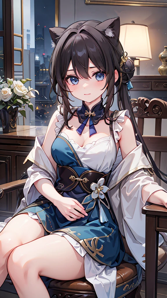 Masterpiece, high quality, 4k, best quality, Paris France city background, Ruan Mei had light brown hair, casually tied into a bun with a few safety pins and ribbons. Her clothes are dominated by blue and white, her dress is made in the traditional Luofu Xianzhou style , sitting on a cafe chair, and on the table there is a foamy drink