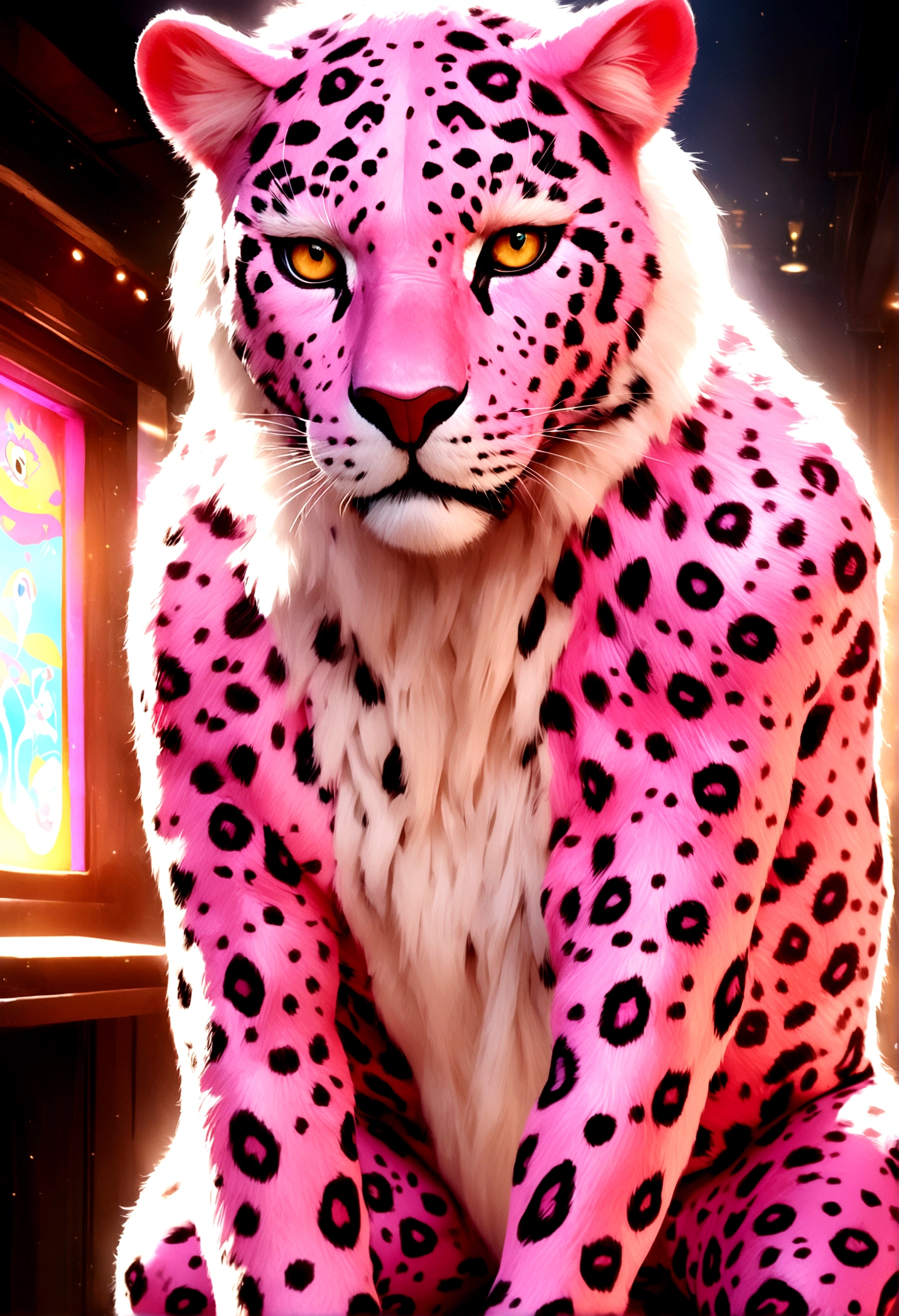 cartoon pink panther adult, with very thin, realistic and beautiful fur, with unusual, fun poses, 8k, detailed neon