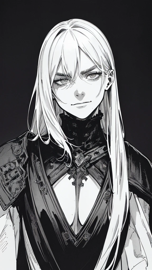 Top quality, (background_detail), high_contrast, detail_original_illustration, warrior, muscular, villain's face, armored, full_body, medieval, deep_wrinkle_brows, young_man, dark_stitch_landscape, (dramatic_lighting:1. 25), (shaded_background:1.2), (black_backed_hair:1. 1 ), Large figure, Delicate face, Evil smile, Sharp eyes, Black background, (Black background:1.5) Beautiful line drawing, Black and white