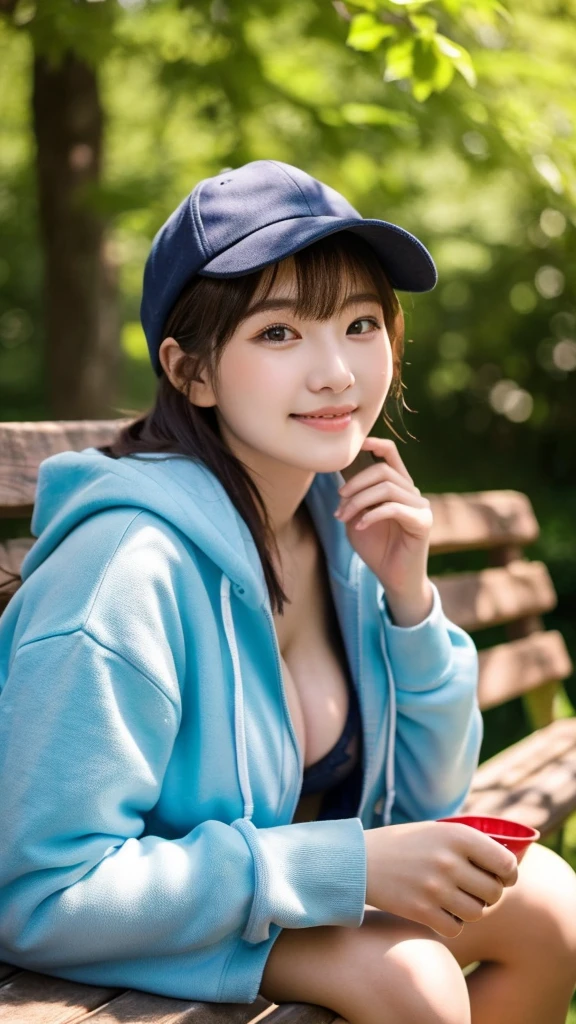 ((最high quality, 8K, masterpiece: 1.3)), (close:0.75), Realistic, Sharp focus, high quality, High resolution, Portraiture, Portraiture, Japanese,Boyish woman with huge bust、 years old、Chubby body type、Her breasts are huge, measuring 40 inches. (Wearing a blue hoodie and shorts),{Extremely large breasts}、 ((Very strong sunlight)), smile, Orange-brown berry short cut,Wearing a cap and holding a water bottle, sitting on a bench in the shade of a tree in the midsummer forest, enjoying the cool evening air.、 Upper Body8K High Quality、smileのアップ画像、