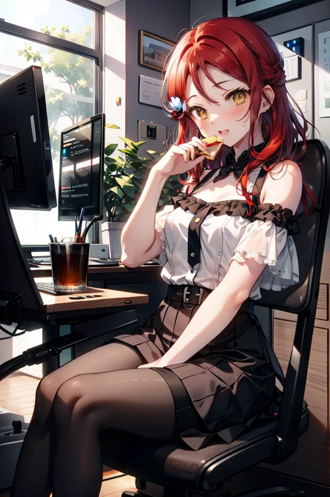 rikosakurauchi, Riko Sakurauchi, (Brown eyes:1.5), Hair between the eyes, Long Hair, (Redhead:1.5), (Small breasts:1.2), smile,blush,Open your mouth,Cold Shoulder Shirt,Short sleeve,Long skirt,Black pantyhose,Stiletto heels,Sitting in a chair,is holding a sandwich with both hands and eating it,There is a computer and a sandwich on the table.,interior,So that the whole body goes into the illustration,
break looking at viewer, 全身
break outdoors, office,
break (masterpiece:1.2), Highest quality, High resolution, unity 8k wallpaper, (figure:0.8), (Beautiful attention to detail:1.6), Highly detailed face, Perfect lighting, Highly detailed CG, (Perfect hands, Perfect Anatomy),