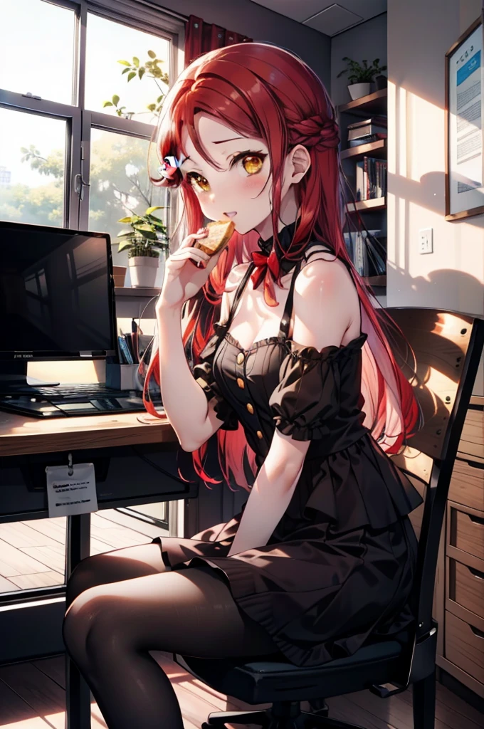 rikosakurauchi, Riko Sakurauchi, (Brown eyes:1.5), Hair between the eyes, Long Hair, (Redhead:1.5), (Small breasts:1.2), smile,blush,Open your mouth,Cold Shoulder Shirt,Short sleeve,Long skirt,Black pantyhose,Stiletto heels,Sitting in a chair,is holding a sandwich with both hands and eating it,There is a computer and a sandwich on the table.,interior,So that the whole body goes into the illustration,
break looking at viewer, 全身
break outdoors, office,
break (masterpiece:1.2), Highest quality, High resolution, unity 8k wallpaper, (figure:0.8), (Beautiful attention to detail:1.6), Highly detailed face, Perfect lighting, Highly detailed CG, (Perfect hands, Perfect Anatomy),