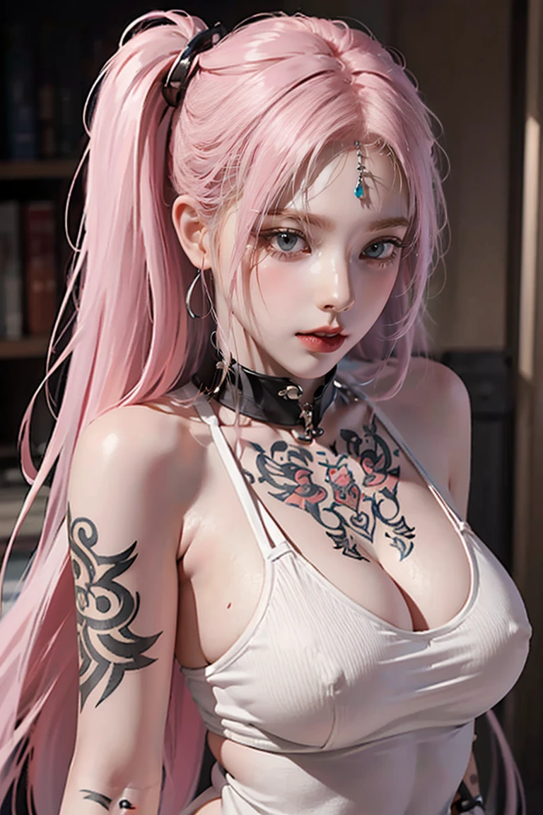 Pink Hair, Perfect Style, Beautiful Face, Highly detailed face and skin texture, (Maximum resolution: 1.2), 1 female, alone, Hip Up, jewelry, (((She has many tattoos all over her body)), Streetwear, I'Exercising at the gym, Pink Hair, Shorts, Sports boots, (((Tight waist))), ((Big Breasts)),NSFW