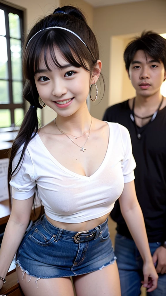 nsfw,Cute Japanese girl 、(1boy behind girl),((grab the chest)),arsold,High 、black denim mini skirt、mini skirt,belt,White shirt with front opening、off sholder,open mouth wide,pony tails、Headband、Happy smile、School Library、bangs,standing,small breast,trained abs,necklace,earrings,bracelet,