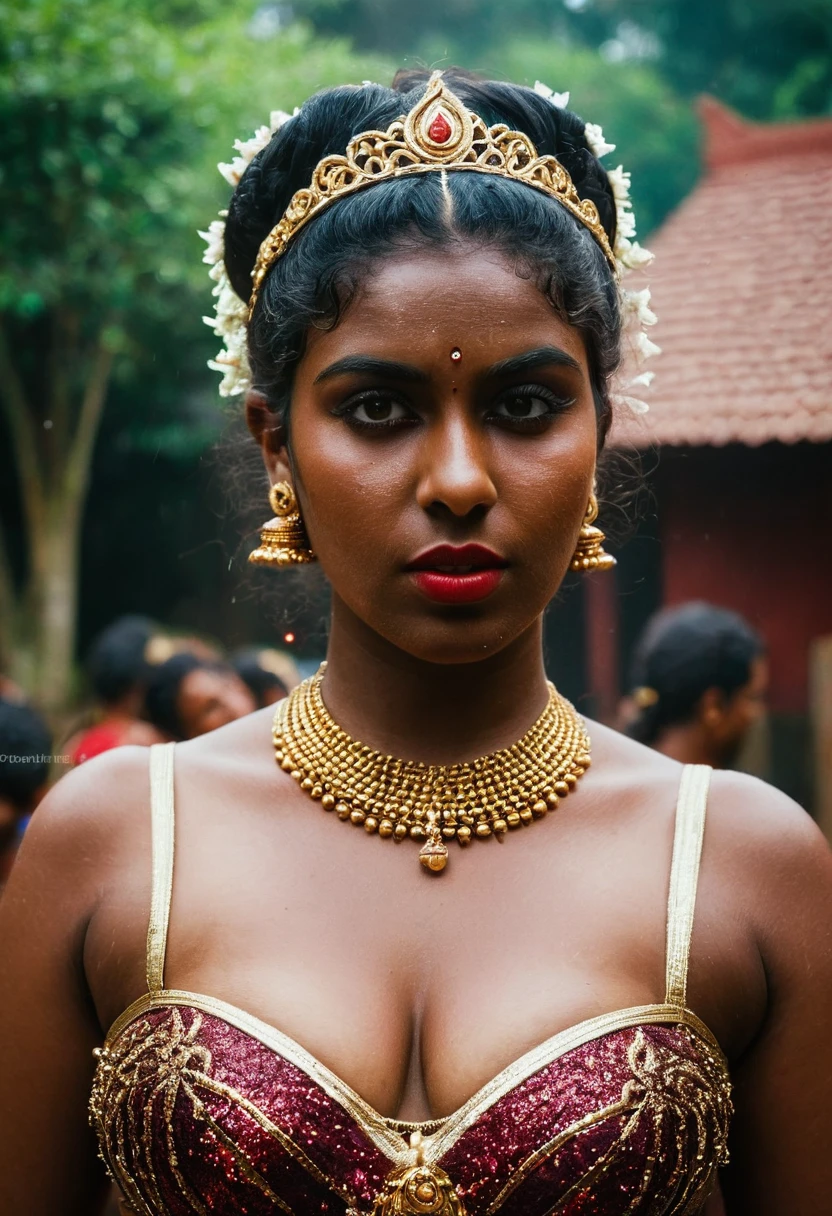 (((photo of a ancient kerala crowned temple goddess ))), (((black kali))) , (((Half Body))),   (((very dark skin))), (((age 18+))), (((plus size chubby tall))), (((huge busty milky wet big massive boobs))), (((nude thick thigh))), (((ancient black mini skirt))), ((black skin dark body)), (((red ornaments))), (((depth of field))), ((( flame bokeh))), (((rain))), ((( flashing light leaks))), (((divine))), photorealistic,photo, realism, Getty Images, RAW candid cinema, 16mm, colour graded portra 400 film, remarkable colour, ultra realistic, textured skin, remarkable detailed pupils, realistic dull skin noise, visible skin detail, skin fuzz, dry skin, shot with cinematic,light leaks, RAW Image, DOF, depth of field,bokeh,mylocalgirl