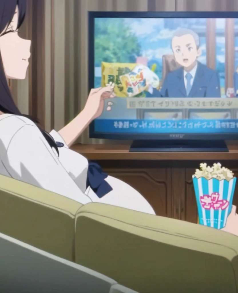Pregnant woman, sitting on the sofa, while eating popcorn, background in the living room with TV, anime screencap