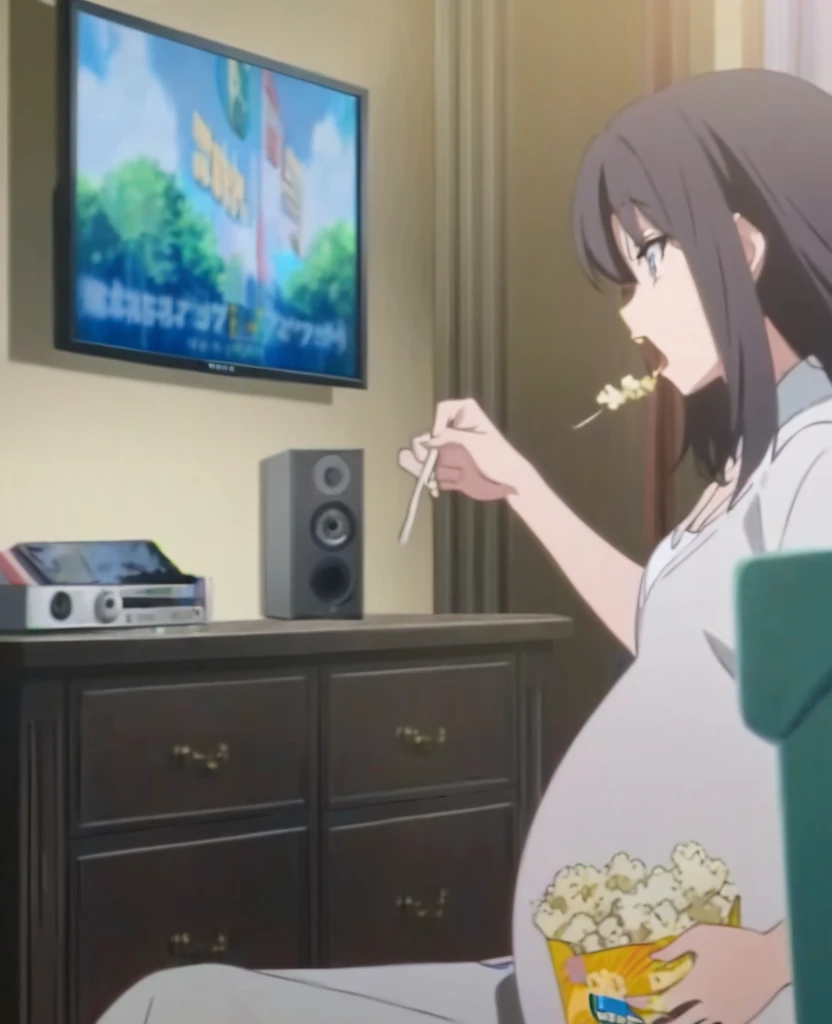 Pregnant woman, sitting on the sofa, while eating popcorn, background in the living room with TV, anime screencap