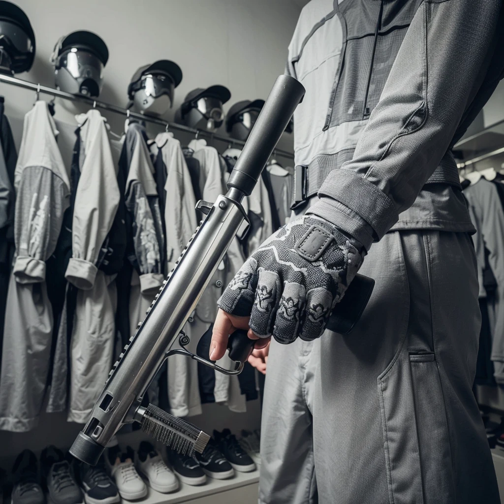 picture from behind, a man combing his hair, the man's hair is cut in side bangs, the man is wearing a gray paintball uniform, the background is blurry in a changing room, a paintball costume decorated in gray, realistic, cinematic, very detailed, intricate design