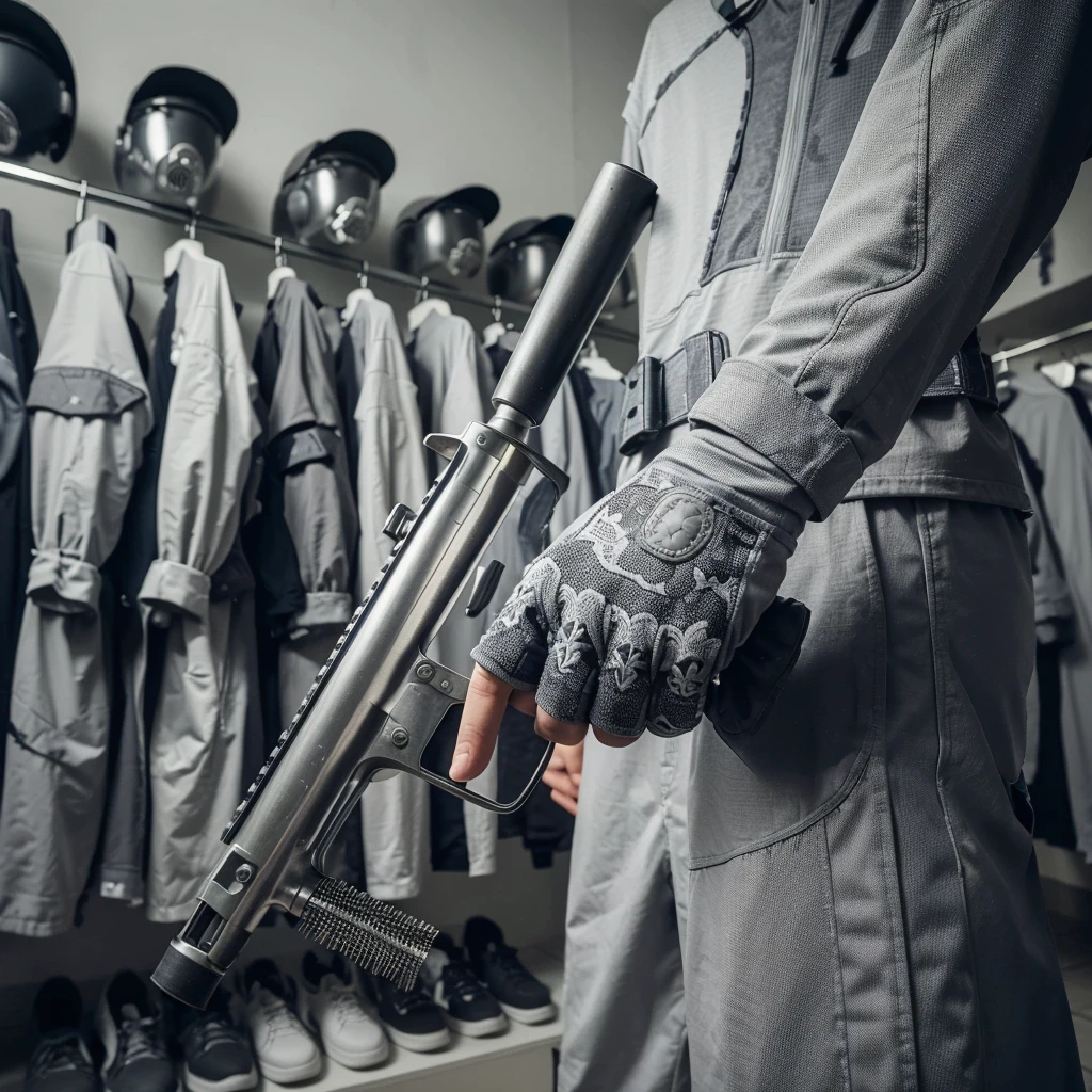 picture from behind, a man combing his hair, the man's hair is cut in side bangs, the man is wearing a gray paintball uniform, the background is blurry in a changing room, a paintball costume decorated in gray, realistic, cinematic, very detailed, intricate design