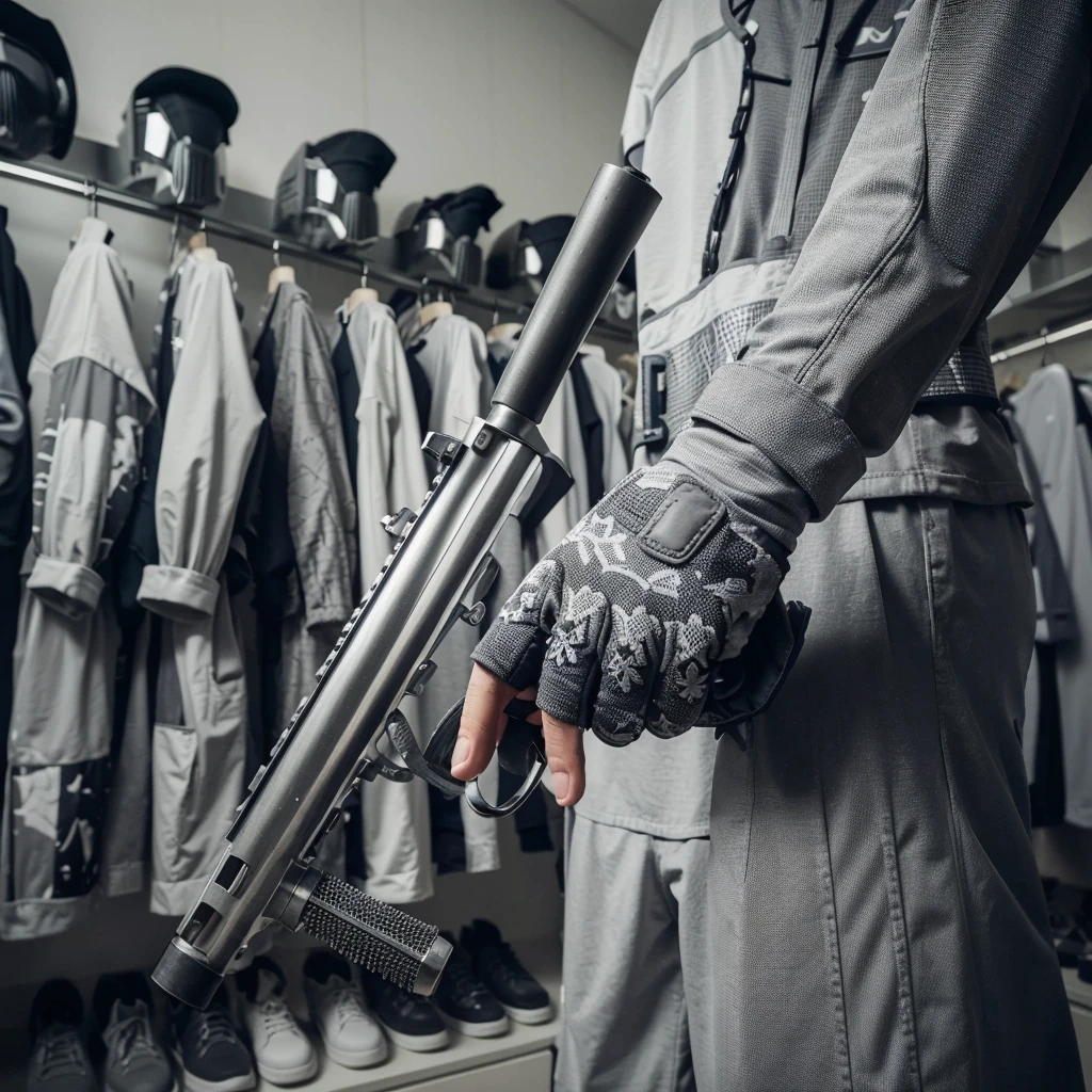 picture from behind, a man combing his hair, the man's hair is cut in side bangs, the man is wearing a gray paintball uniform, the background is blurry in a changing room, a paintball costume decorated in gray, realistic, cinematic, very detailed, intricate design