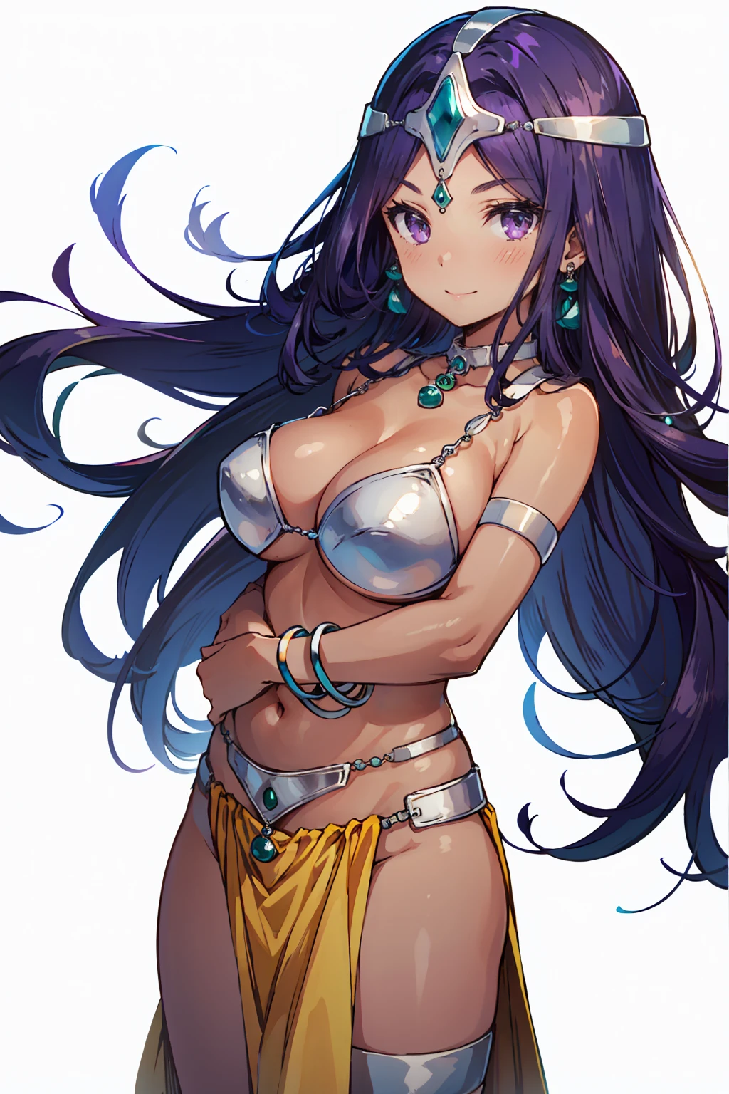 (masutepiece, Best Quality:1.2), 1girl in, Solo,( Dynamic Angle,:1.1) Mature, 100facehassan, Fate, (dark grey skin:1.2), Blue eyes, Long hair, Purple hair, Ponytail, large lips, blank expression, Gold Jewelry, Large breasts, Pants, Toned, Navel, Abs, hoop earrings, halterneck, Dark background,  background、Realistic, Plump buttocks, Slender body, Narrow waist, from low behind 5meters, lingerie sweat