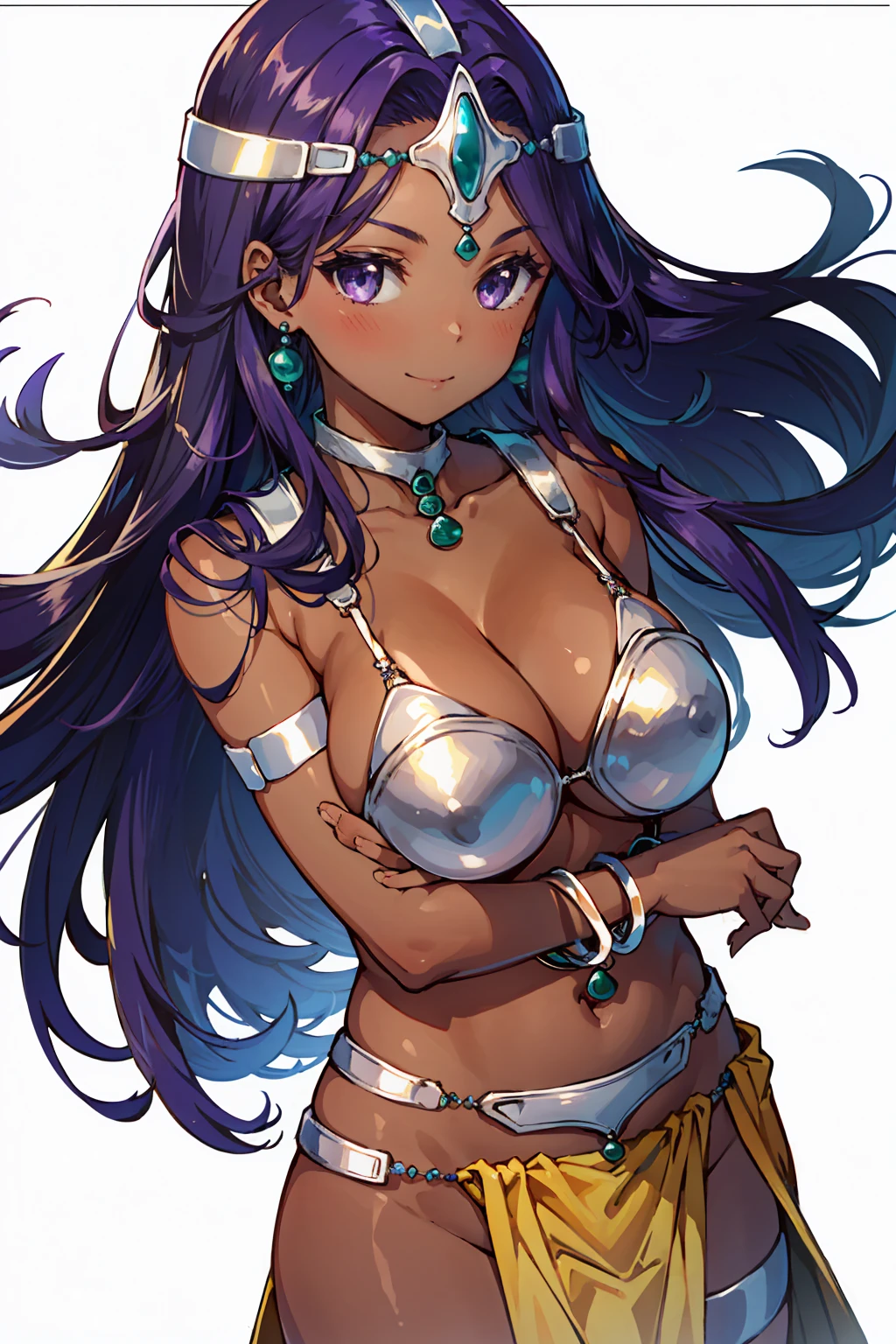 1girl, solo, dqManya, white background, cowboy shot, purple hair, bikini, loincloth, large breasts, cleavage, soft stomach, circlet, earrings, choker, bracelet, armlet, closed mouth, smile, blush