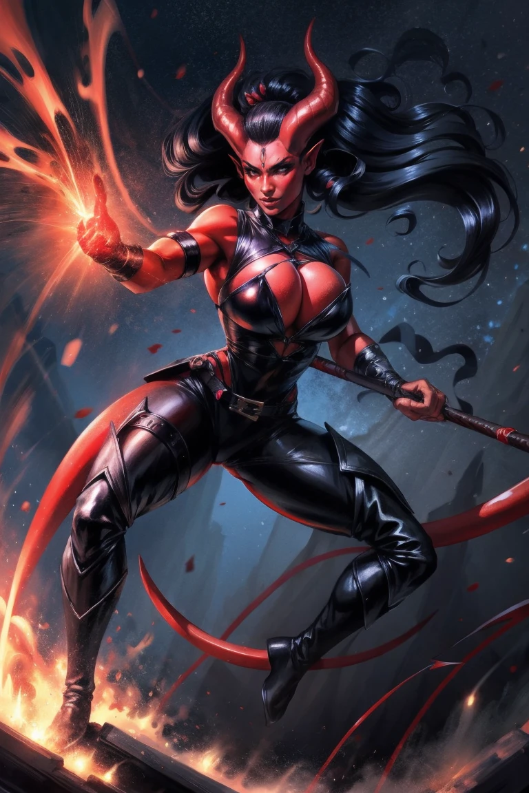 Red skin succubus tiefling, medium breasts, black horns, wings, huge tail, black leather, tall, toned, graceful, thin, long black ponytail. Action scene, whip. Dark scene, explosions, night sky.