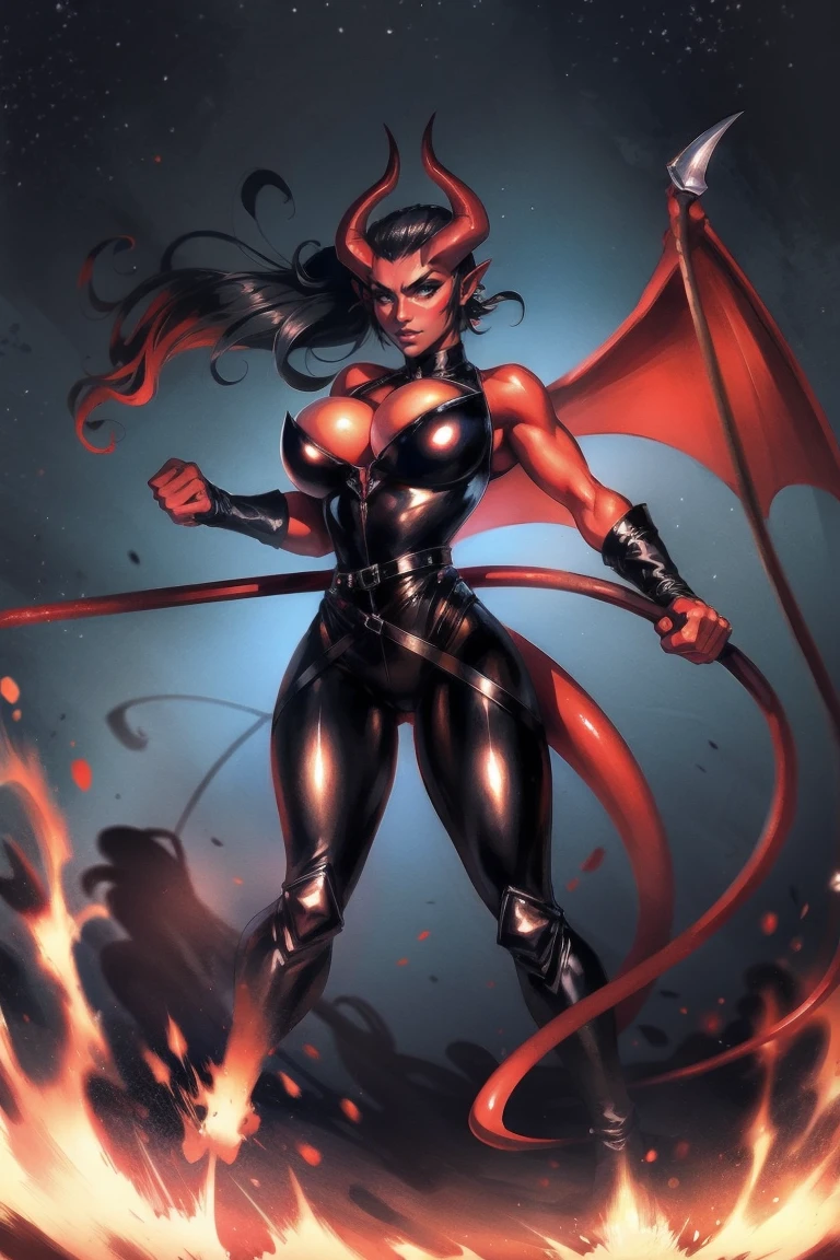Red skin succubus tiefling, medium breasts, black horns, wings, huge tail, black leather, tall, toned, graceful, thin, long black ponytail. Action scene, whip. Dark scene, explosions, night sky.