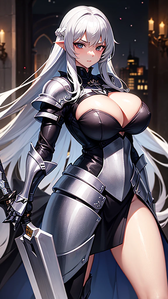 young woman with long silver hair, black eyes, extra large breasts, Sexy knight armor, Age 18, holding a sword, human