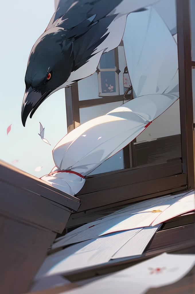 best quality, window frame, traditional japanese house, flower shaped like a wind turbine, 6 petalos, White color. Under the flower there is a small piece of paper, wrapped with a ribbon, (A letter), To one of the window is a crow with completely dark feathers.