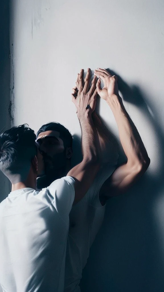 there is a indian man leaning against a wall with his hands up, hands shielding face, holding his hands up to his face, two men hugging, hands hidden, touching heads, making out, holding each other, alessio albi, emotional picture, facing each other, muscular men entwined together, dimly - lit, two indian muscular men entwined, realistic, hight quality, nothing on body, remove clothes 