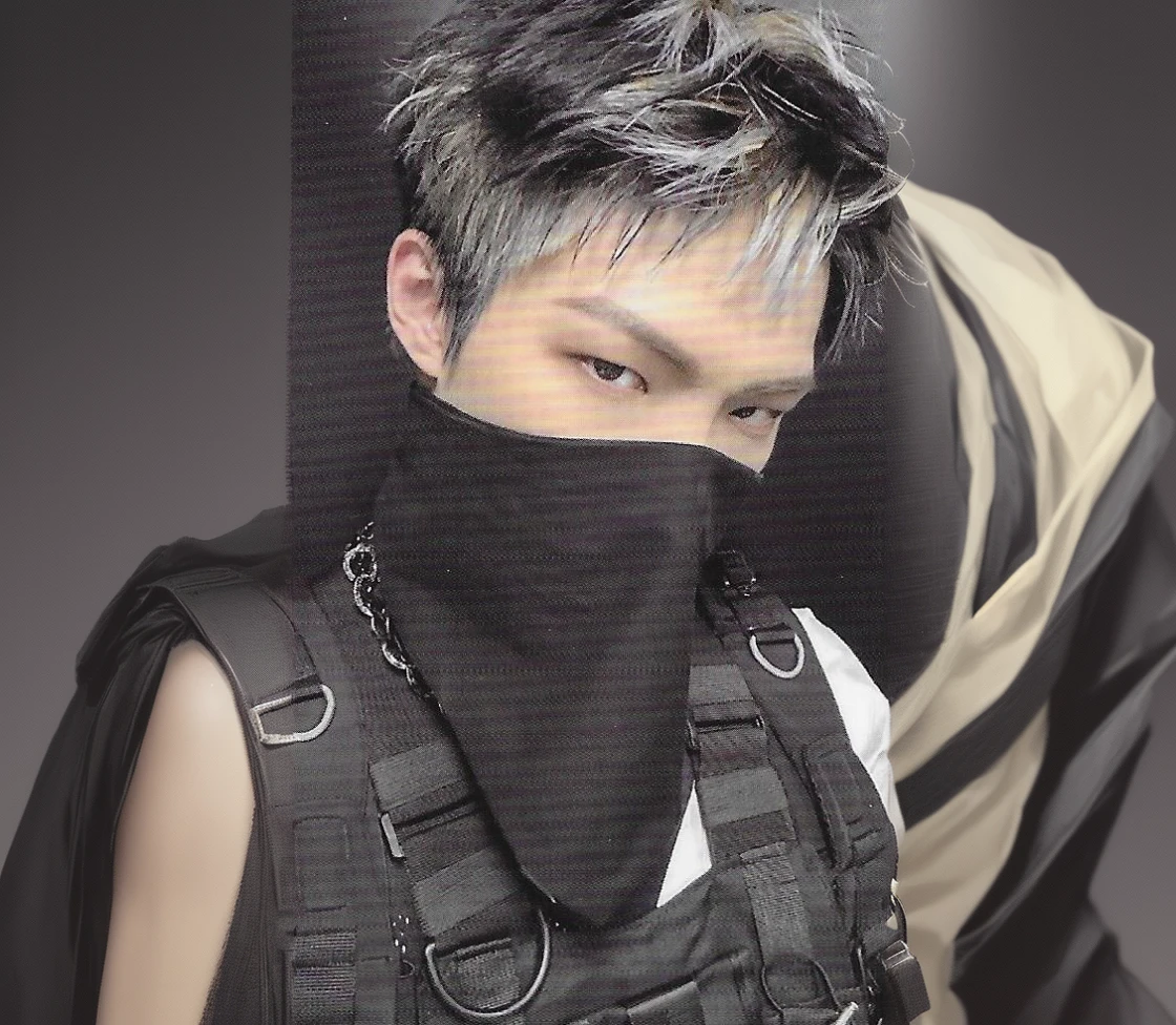 Arafed man with a black face covering his face., wearing all black mempo mask, bandana, hsiao-ron, some of them wear gas mask, kanliu666, magazine scan, inspired by Gang Se-hwang, wearing bandit mask, very aesthetic!!!!!!, high quality scan, Very detailed face, wearing a scarf and a chain