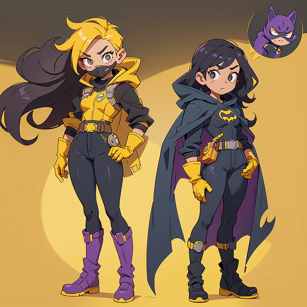 I want you to create a fanart of the superhero character Batgirl.  She wears Mask: Black, covering the upper part of her face and head leaving her hair loose below the mask.  She wears Cape: Shorter, black with yellow lining.  her outfit is purple, with a yellow bat on her chest. Utility Belt: Yellow, with a more casual and modern design. Gloves and Boots: Yellow gloves and yellow boots that resemble combat boots.  I want it to be in Disney animation style in 2D