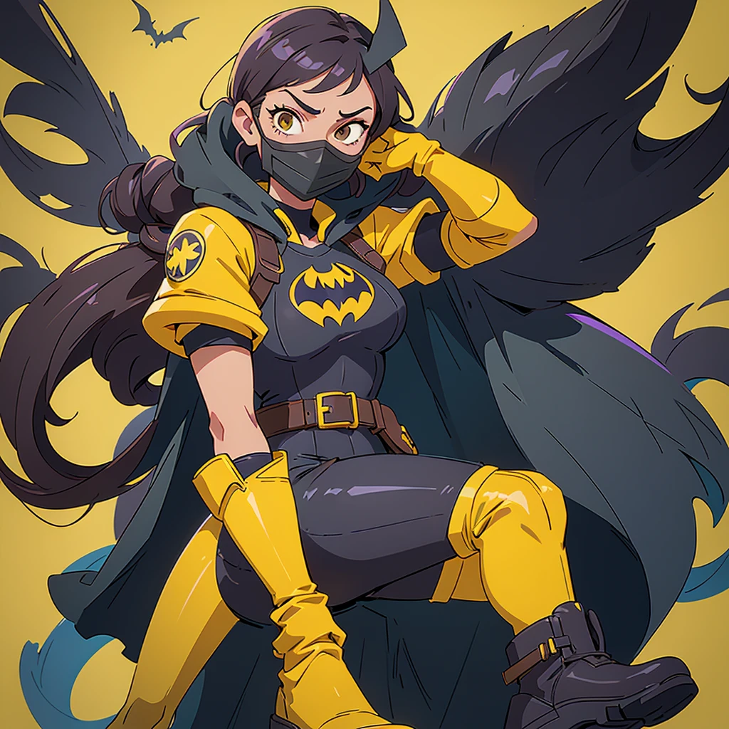 I want you to create a fanart of the superhero character Batgirl. She wears Mask: Black, covering the upper part of her face and head leaving her hair loose below the mask. She wears Cape: Shorter, black with yellow lining. her outfit is purple, with a yellow bat on her chest. Utility Belt: Yellow, with a more casual and modern design. Gloves and Boots: Yellow gloves and yellow boots that resemble combat boots. I want it to be in Disney animation style in 2D