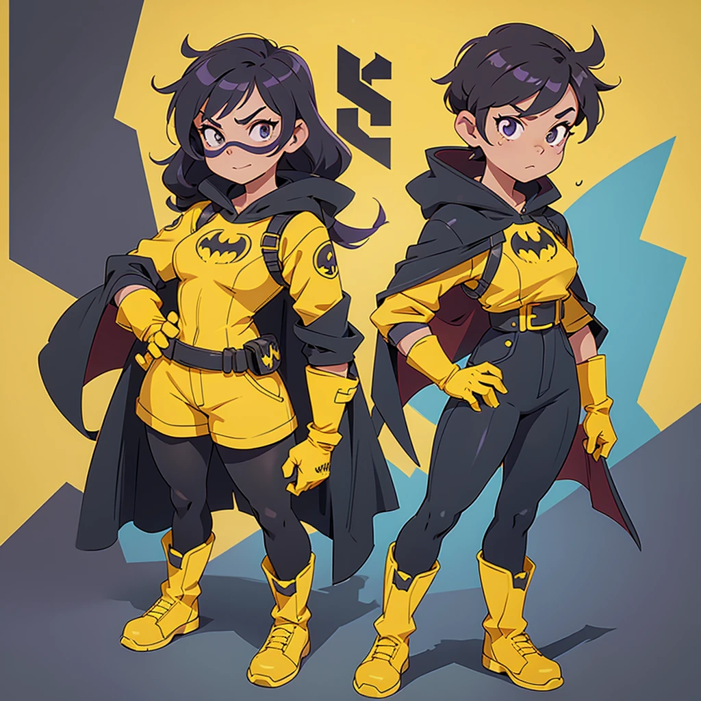 I want you to create a fanart of the superhero character Batgirl. She wears Mask: Black, covering the upper part of her face and head leaving her hair loose below the mask. She wears Cape: Shorter, black with yellow lining. her outfit is purple, with a yellow bat on her chest. Utility Belt: Yellow, with a more casual and modern design. Gloves and Boots: Yellow gloves and yellow boots that resemble combat boots. I want it to be in Disney animation style in 2D