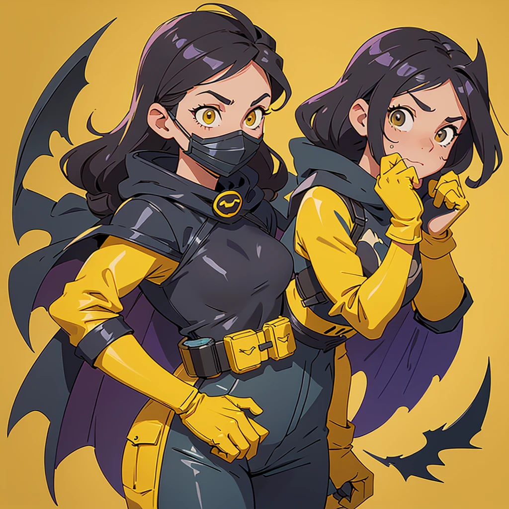 I want you to create a fanart of the superhero character Batgirl.  She wears Mask: Black, covering the upper part of her face and head leaving her hair loose below the mask.  She wears Cape: Shorter, black with yellow lining.  her outfit is purple, with a yellow bat on her chest. Utility Belt: Yellow, with a more casual and modern design. Gloves and Boots: Yellow gloves and yellow boots that resemble combat boots.  I want it to be in Disney animation style in 2D