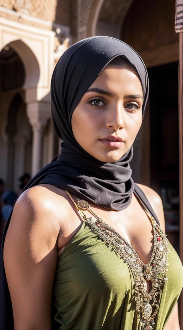 Moroccan girl, Brunnete, (Traditional respectful covered dress), (very loose head scarf showing curly hair), (Morrocan souk environment), masterpiece, best quality, highly detailed, (Beautiful and detailed eyes beautiful and detailed face), (Best Quality), (ultra-detailed), (masterpiece), (high resolution), (Original), ultra-realistic, Full body photo seen from a distance