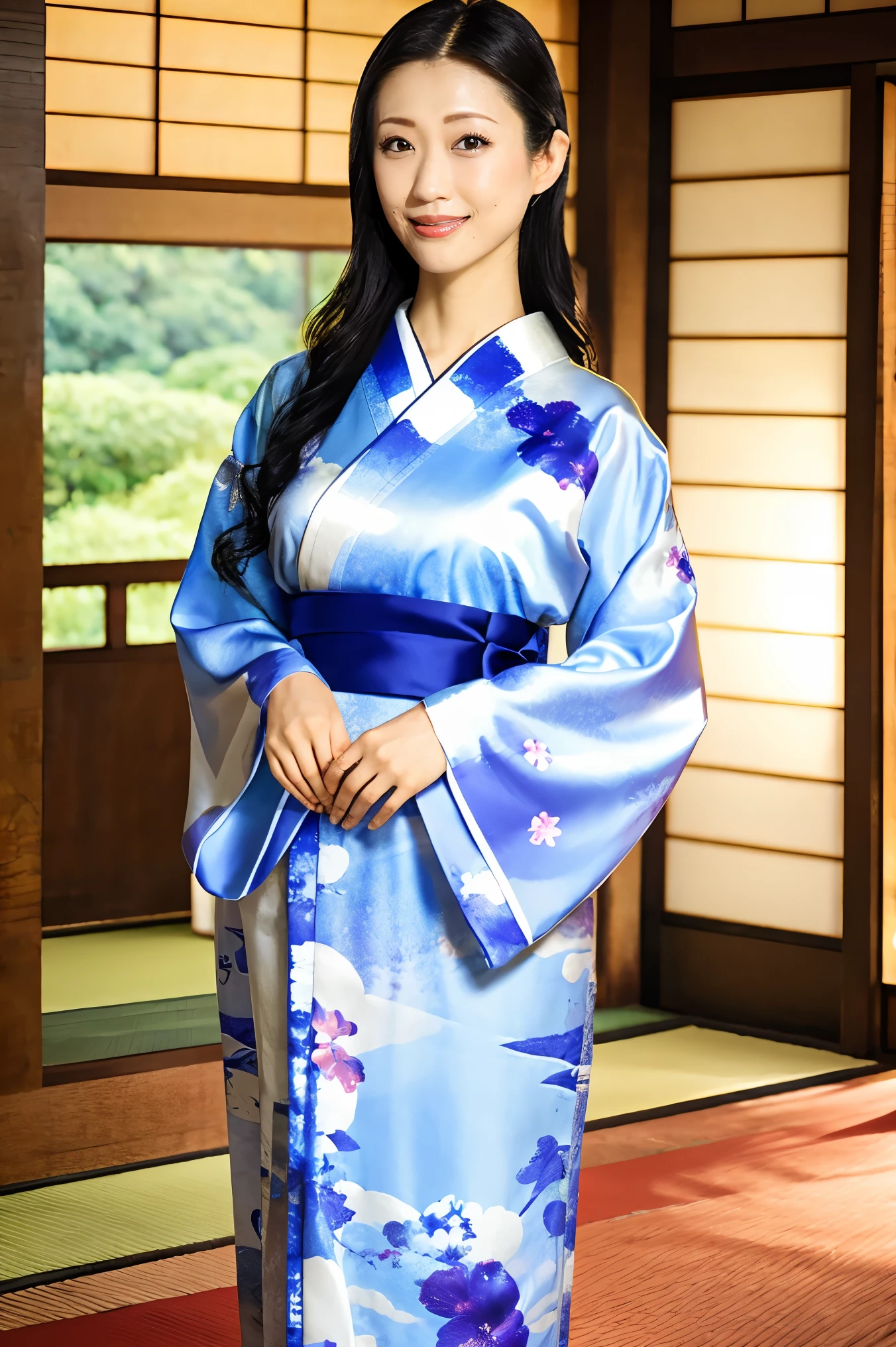 (Highest quality、Tabletop、8K、Best image quality、Award-winning works)、(One beautiful mature woman:1.1)、Adult face、(Innkeeper:1.1)、(Elegant floral kimono:1.2)、(A kimono with a perfect and precise collar:1.2)、Perfect mature woman portrait photo、Glowing Skin、Standing Elegantly、(Blurred elegant and exquisite perfect Japanese style room background:1.3)、(The most natural and perfect tidy Japanese style room background:1.2)、Glowing White Skin、Very white skin、(Accentuate your body lines:1.1)、(The most graceful posture:1.2)、(Large Breasts:1.2)、A perfect smile、Perfect beautiful glossy lips、(Accurate anatomy:1.2)、(A perfect and elegant kimono:1.1)、(Standing with good posture:1.1)、(Beautiful, high-quality, large kimono obi:1.1)