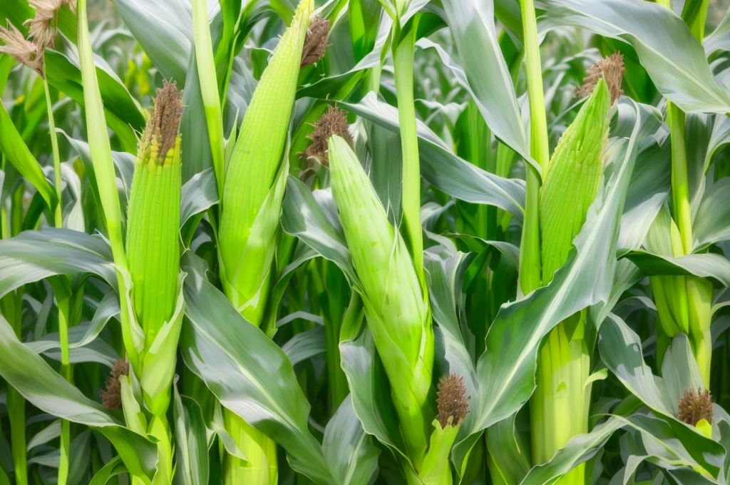 there are many stalks of corn growing in a field, tall corn in the foreground, corn, corn on a cob everywhere, Heavy grain quality, corn floating in ocean, Rows of lush crops, uncrop, texture, large leaves and stems, High Grain, Very high quality, High resolution details, shutter, "High quality product image", Close-up photos