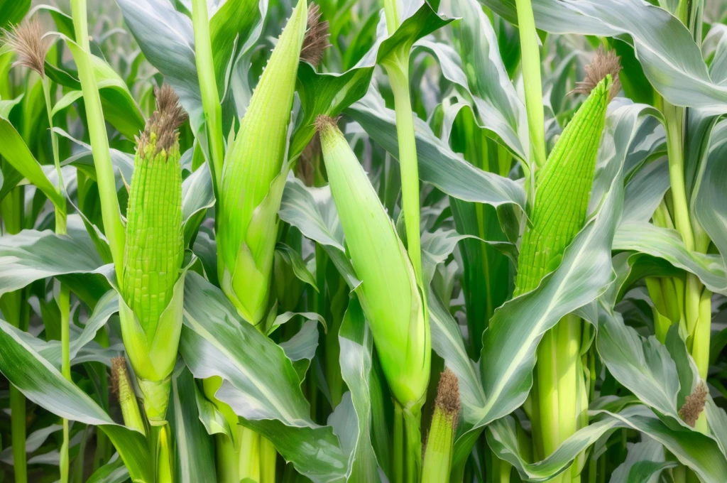 there are many stalks of corn growing in a field, tall corn in the foreground, corn, corn on a cob everywhere, Heavy grain quality, corn floating in ocean, Rows of lush crops, uncrop, texture, large leaves and stems, High Grain, Very high quality, High resolution details, shutter, "High quality product image", Close-up photos