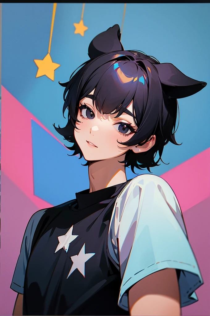 Chico, with black eyes on the right one he has a star "her hair color is brown" and he has dog ears, his shirt is blue and black