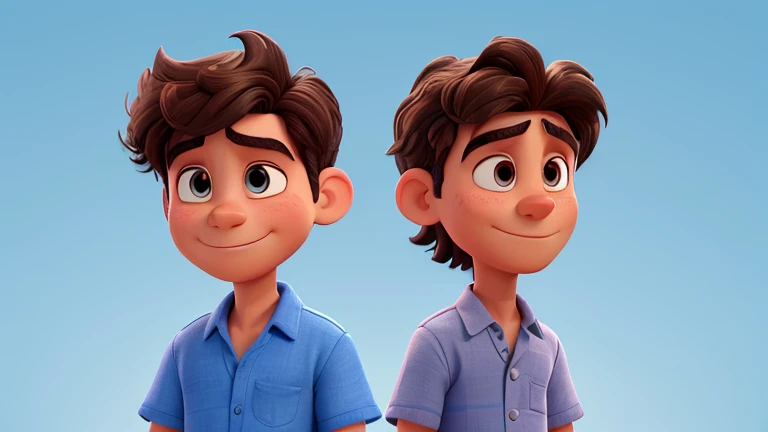 Highly detailed Image in the Pixar animation style of a male character named Rafael. Rafael is in his mid-30s, from Brazil, with short, dark brown hair slightly messy. He is wearing a dress shirt with rolled-up sleeves, tie, and slacks. He has a tired and stressed look but with a slight smile. Create a front view medium shot image of Rafael with a pastel blue background.