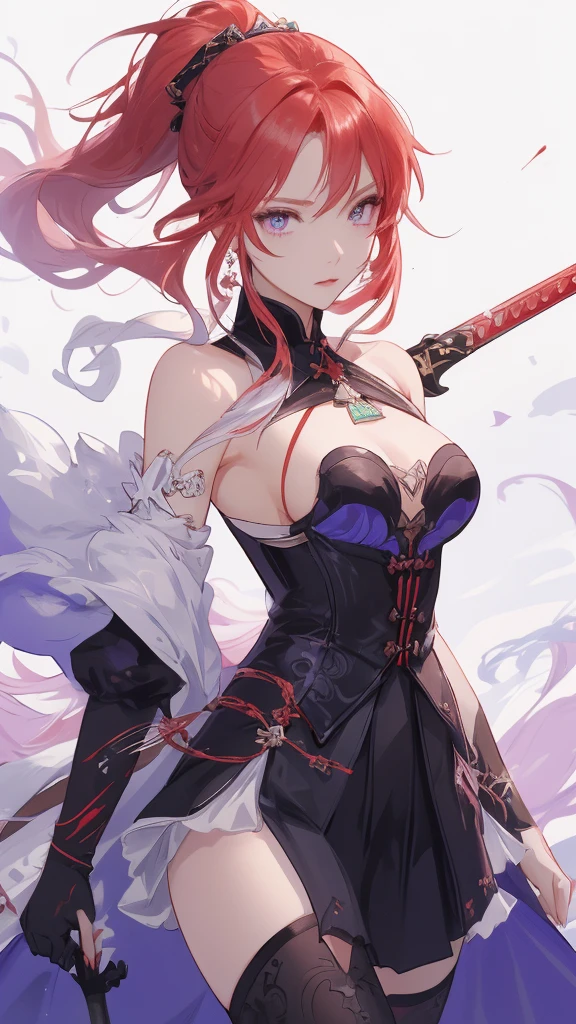 a close-up of a person with red hair and a sword, impacto de ayaka genshin, jogo ayaka impacto Genshin, keqing do impacto genshin, zhongli do impacto genshin, also, anime moe art style, genshin, cute anime waifu in a beautiful dress, female protagonist 👀 :8, demon slayer rui fanart, purple eye iris, ( black leagwear), disdainful expression, looking from bottom to top, view from the bottom, small red piercing below the eyes