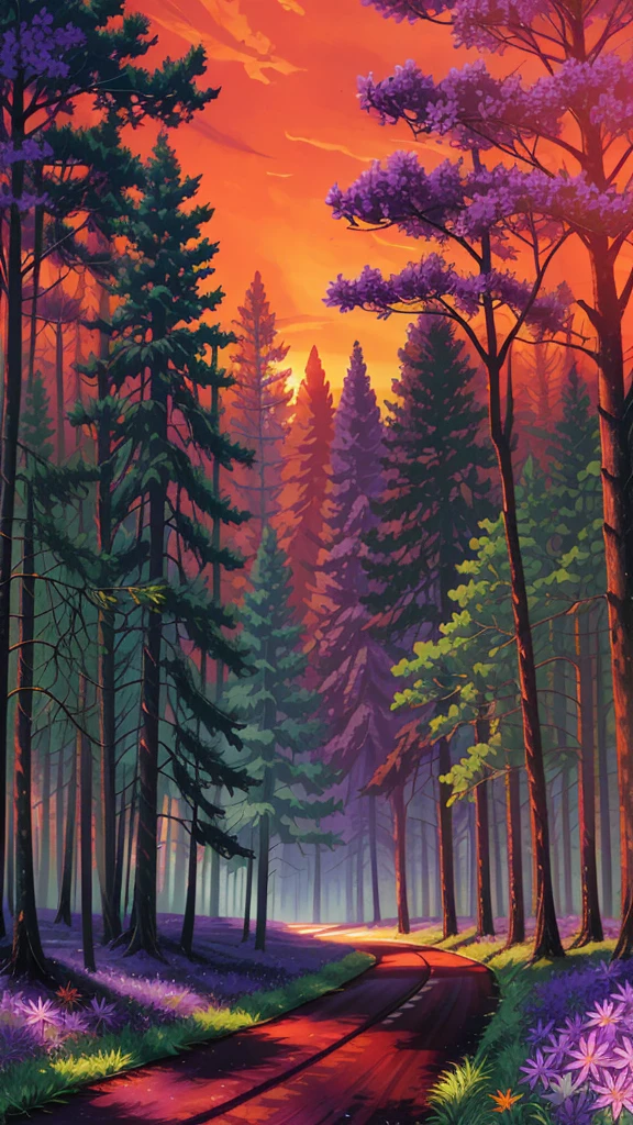 Forest scenery filled with purple wild flowers, green trees and beautiful orange sky and a road