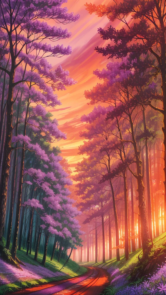 Forest scenery filled with purple wild flowers, green trees and beautiful orange sky and a road